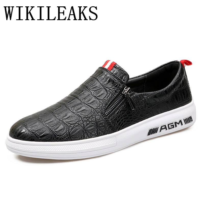 

2018 fashion new crocodile skin shoes mens shoes casua lzapatillas hombre tenis slip on leather shoes with zipper boat shoes man