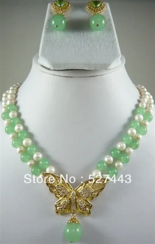 

Wholesale 2 row white pearl green jade necklace pendant earring set hot
