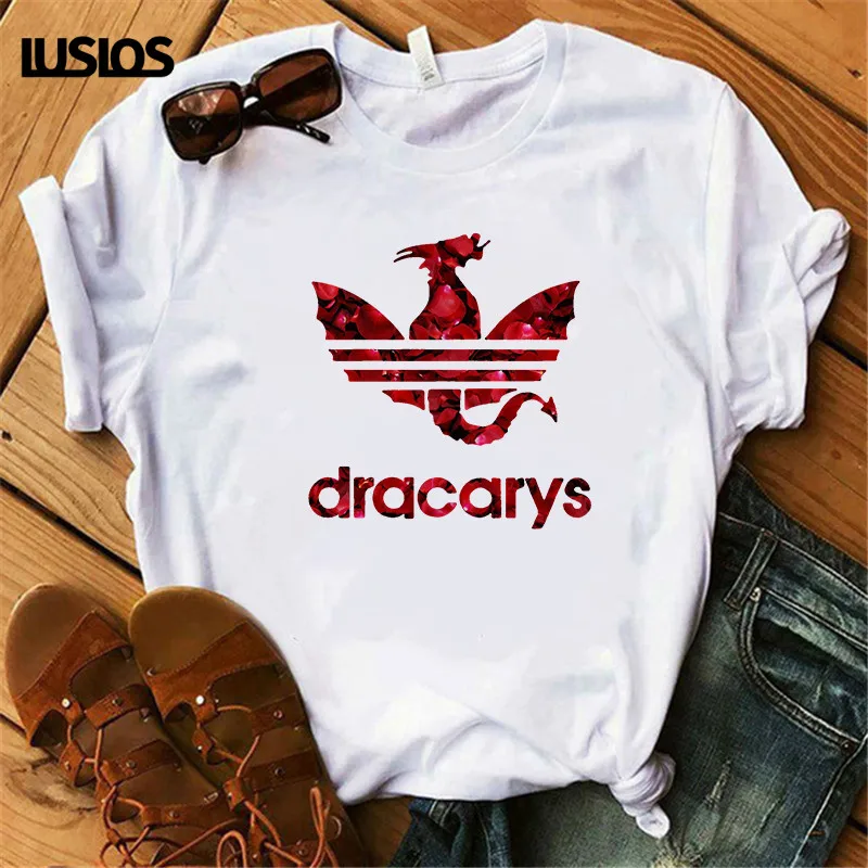 

LUSLOS Red Dragon Print Female T Shirt Women Game of Thrones Summer Short Sleeve Tshirt Casual White Plus Size T-shirts