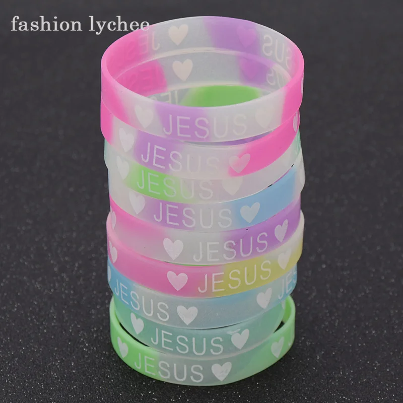 

fashion lychee 1pc Jesus Random Color Silicone Bracelet Fluorescent Love Heart Bangle Women Fashion Jewelry Gift