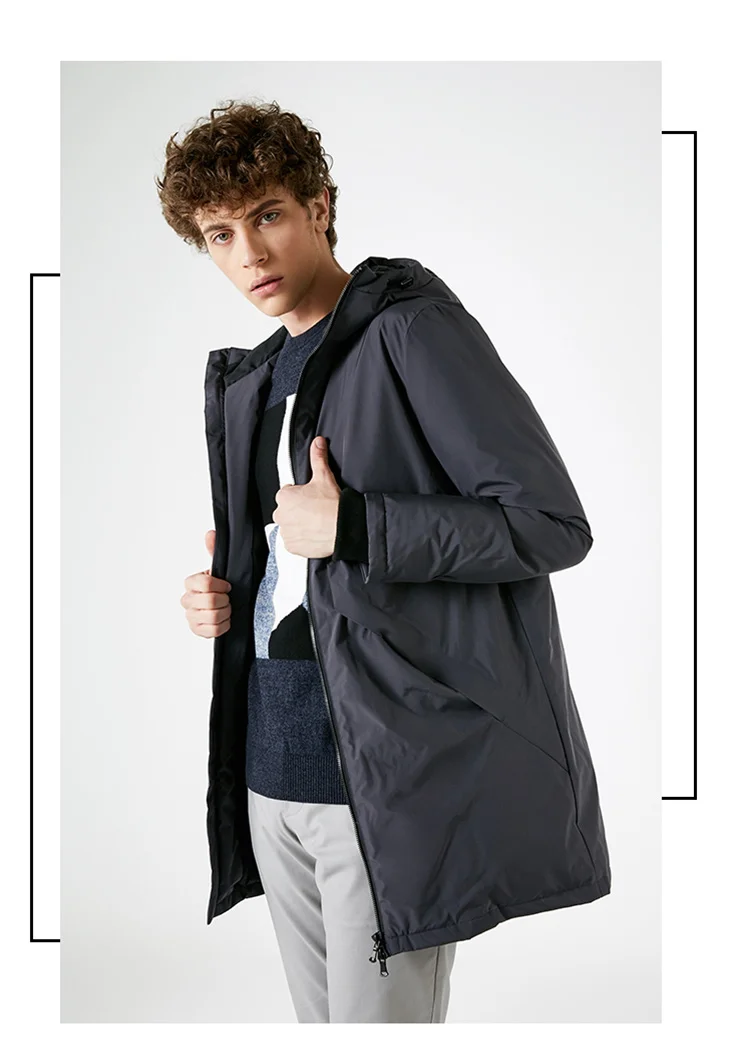 Выбранный с капюшоном Draw String Досуг вниз куртка Новое мужское пальто теплая утка вниз длинная мужская Зимний одежда пальто S | 418412532