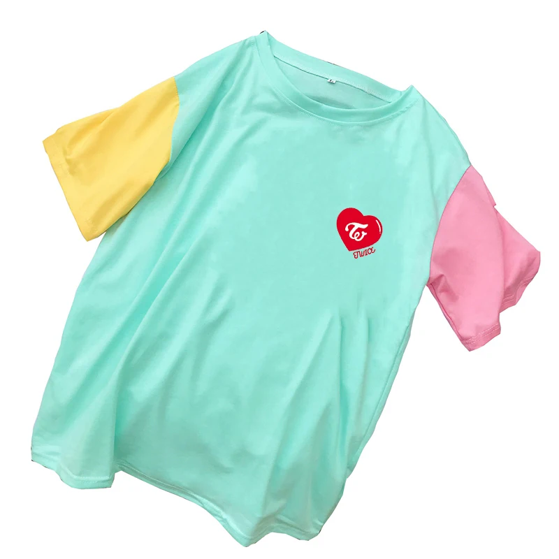 Женская одежда, Корейская Kpop, два раза, футболки, Camiseta Mujer, модные, цветные, комбинированные, хлопок, уличная одежда, Harajuku, с принтом в виде сердца, топы