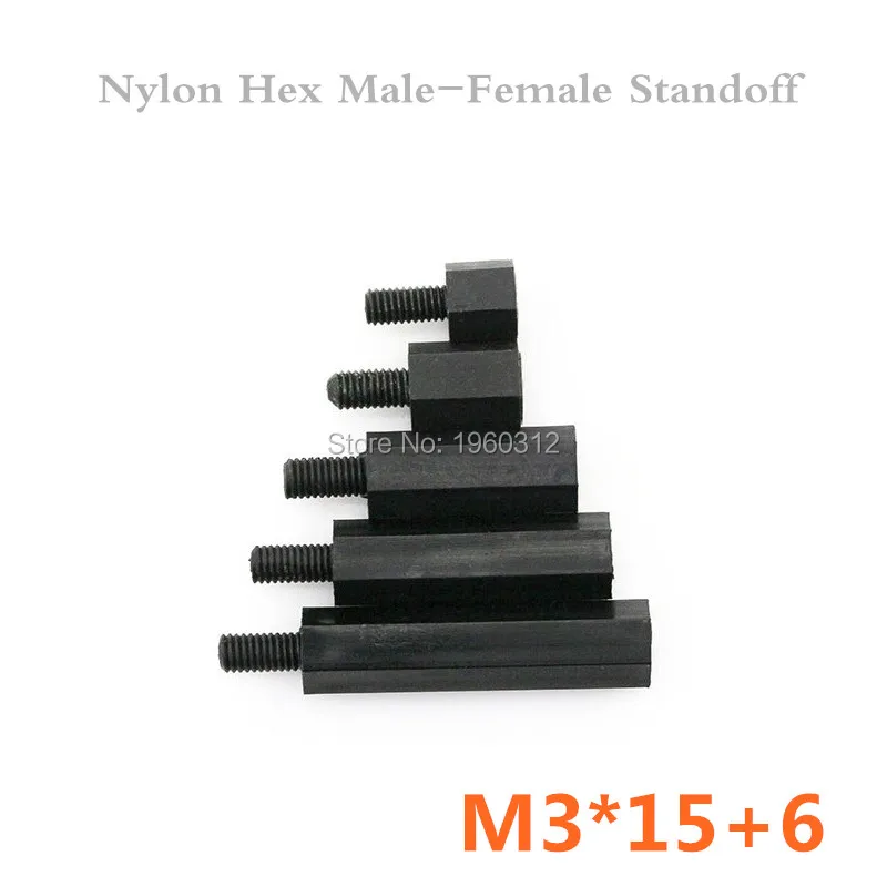 

500pcs/loHt High Quality Male To Female Thread M3 x 15 + 6mm Black Plastic Nylon Hexagon Hex Standoff Spacer Pillars
