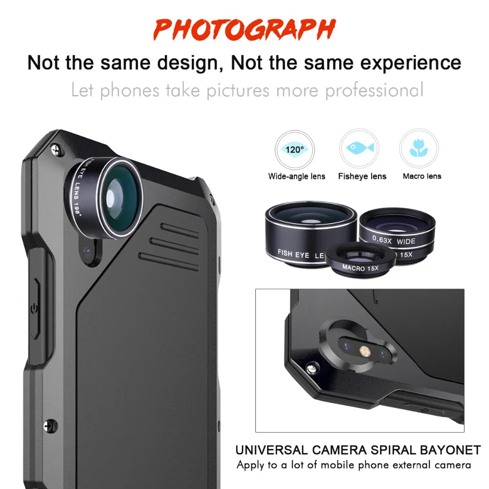 3-Layers Hybrid Shockproof Phone Cases for iPhone 7 6 6S Plus 8 Plus X Full Protect Case with 3 in 1 15X Macro Lens + Glass