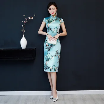 

Rayon Print Flower Cheongsam Elegant Women' s Handmade Button Dress Short Sleeve Knee Length Sexy Short Dress Plus Size M-5XL