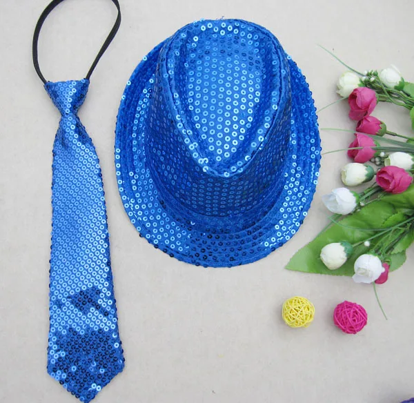 Hat + Tie + Bow Tie 3in1 Set Unisex Adult Bling Jazz Caps Hat Sequin Fedora Hats for Women Men Street Dance Party Costume blue fedora hat