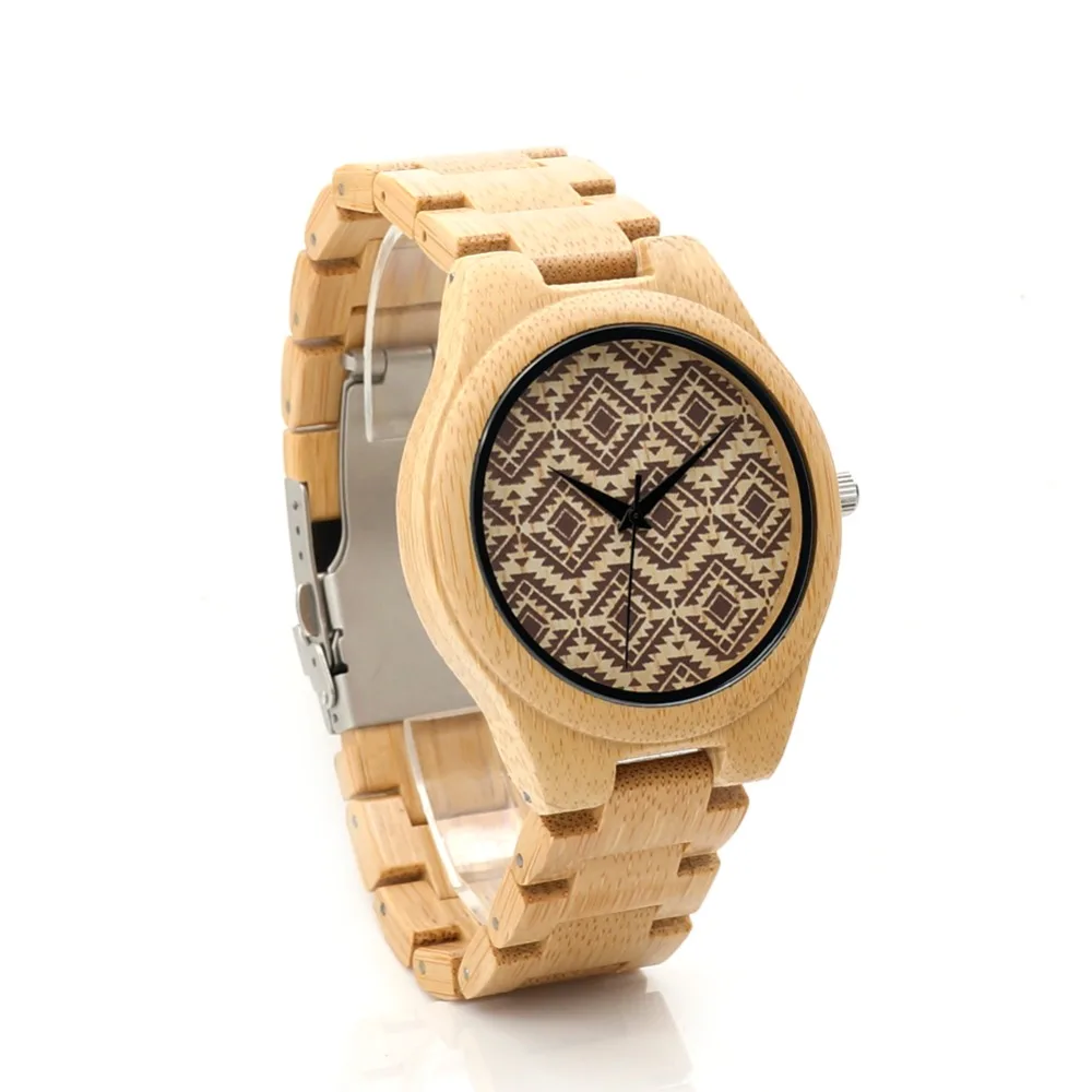 Japan Quartz BOBO BIRD L-I28 Men's Wooden Watch Bamboo Band Wavy Pattern Dial Face Clock for Men in Gift Box