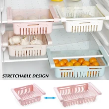 Ajustable elástico organizador para refrigerador cajón cesta refrigerador Pull-out cajones fresco estante de almacenamiento para más espacio