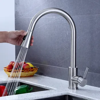 

304 Stainless Steel Pull Out Kitchen Faucet Kitchen Mixer Lead-free Kitchen Tap 360 degree Rotating torneira cozinha