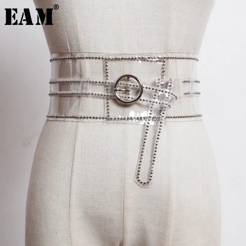 

[EAM] 2019 New Spring Summer Transparent Nailed Split Joint Pvc Buckle Long Wild Belt Women Fashion Tide All-match JL364