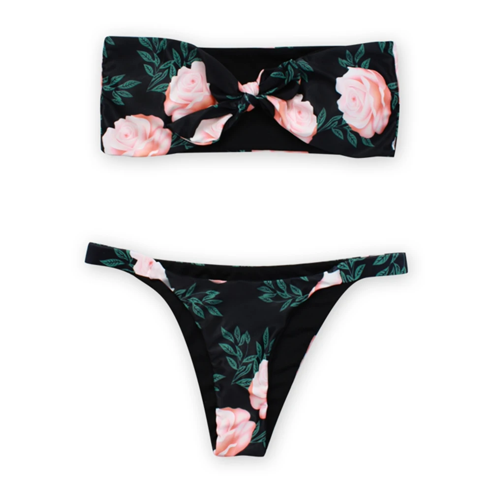 Women Bandeau Bikinis 2 Pcs Floral Printed Biquini Wrap Chest Butterfly