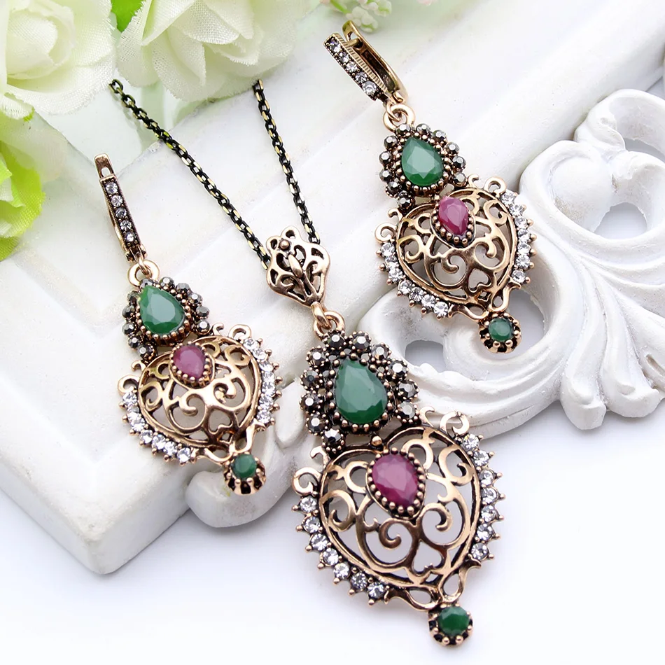 

Romantic Hollow out Flower Jewelry Sets Morocco Antique Gold Plating Necklace & Earrings Women Arabesque Ethnic Wedding Bijoux