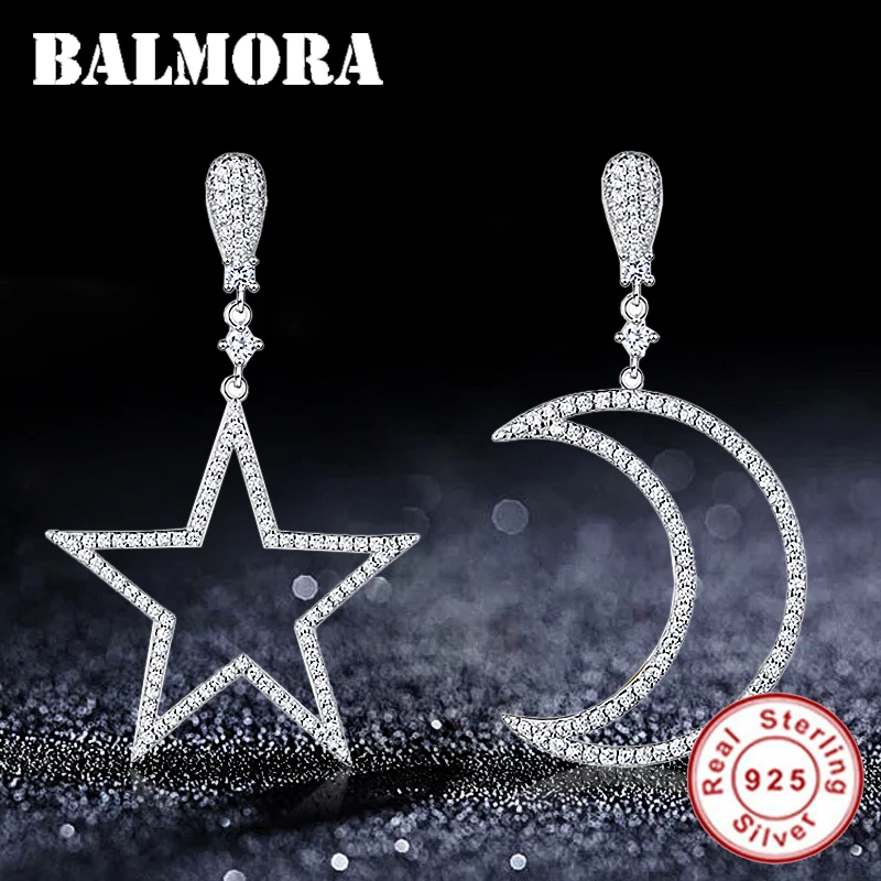BALMORA Настоящее серебро 925 пробы звезды и луна циркон серьги гвоздики для женщин темперамент серьги ювелирные изделия Brincos JWSE446