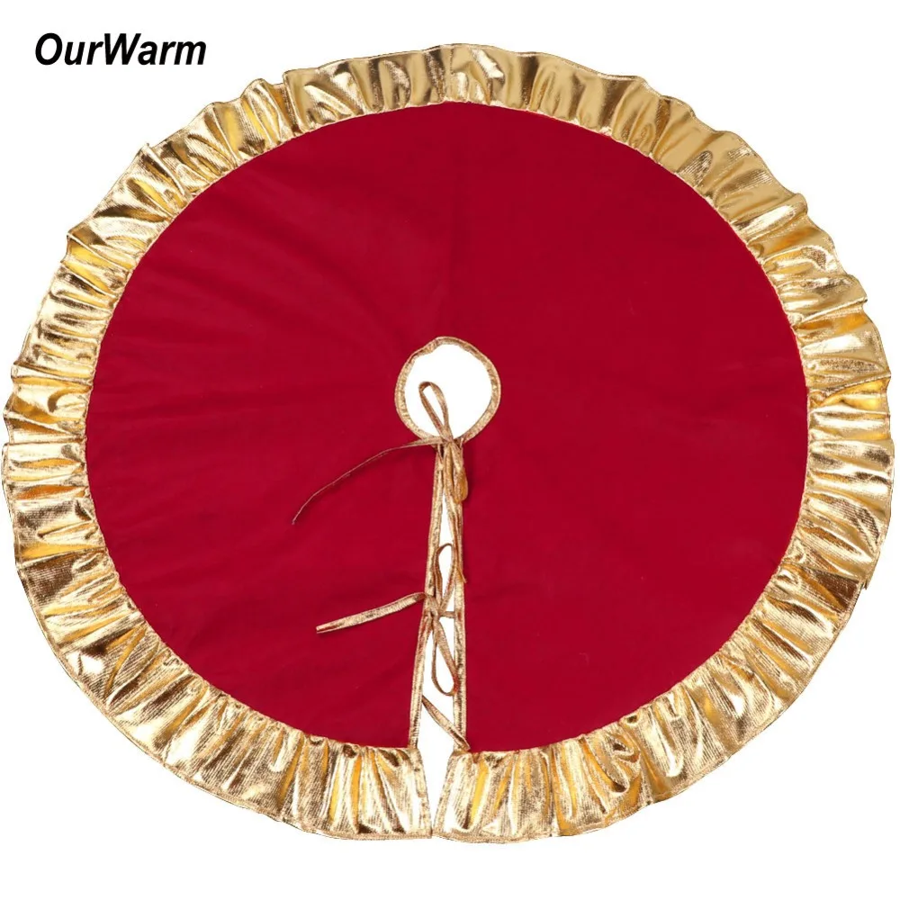 OurWarm 90cm Red Christmas Tree Skirt Golden Edge Ruffle Tree Skirt for