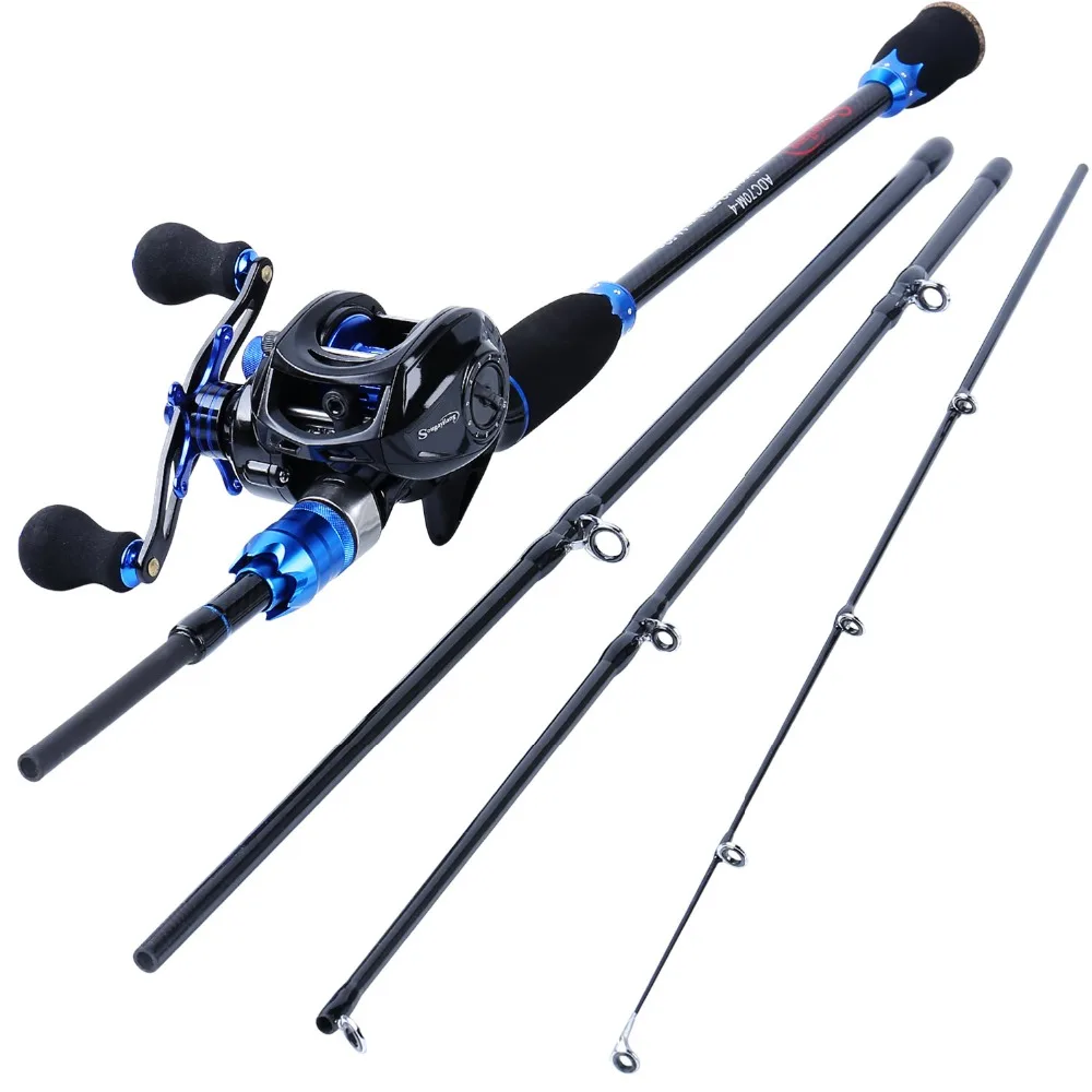 Sougayilang 2m Fishing Pole and Baitcasting Reel Combo Carbon 4 Sections Sea Spinning Lure Rod and Casting Fishing Wheels Set