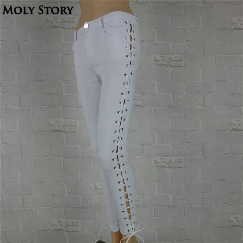 Распродажа сексуальные черные/белые брюки на шнуровке узкие с высокой талией