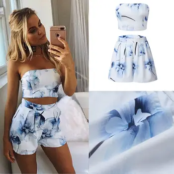 

2018 Fashion Women Ladies Floral Crop Tops Tanks High Waist Shorts Beach Summer Women 2pcs Suits