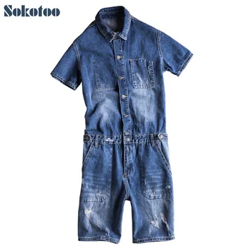 

Sokotoo Men's short sleeve knee length denim jumpsuits Casual summer letters print overalls Shorts Jeans
