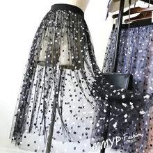 Женская Летняя Сексуальная кружевная длинная юбка с высокой талией для женщин, Корейская винтажная Тюлевая сетчатая Прозрачная черная белая синяя клетчатая юбка D153