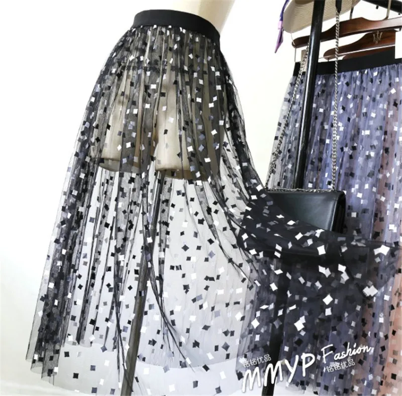 

women summer sexy lace high waist skirt long for women korean vintage tulle mesh transparent black white blue plaid skirt D153