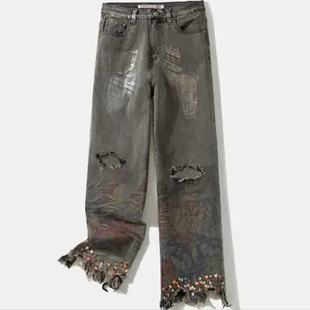 

2020 Autumn vintage high waist jeans women hole sequined painted printed wide leg jeans plus size