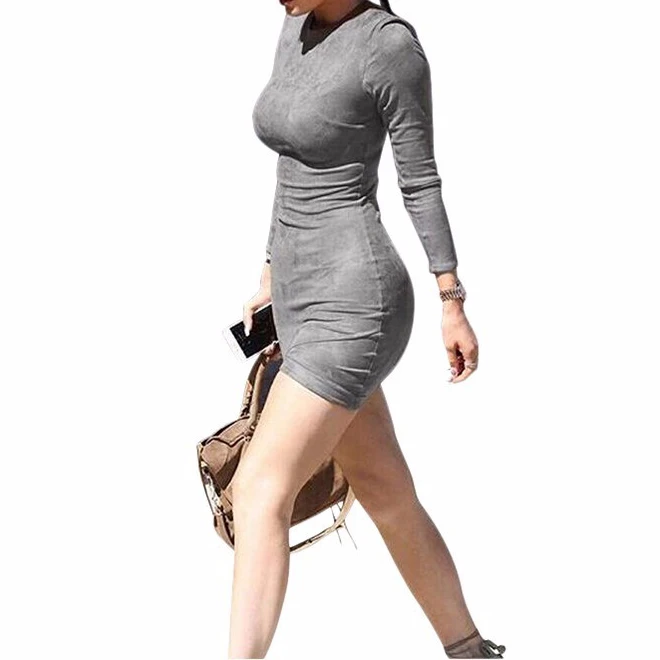 Сексуальное платье с длинным рукавом, облегающие вечерние платья для клуба, коричневое, Vestido, женские зимние платья, Kylie Jenner, облегающий замшевый сарафан бодикон