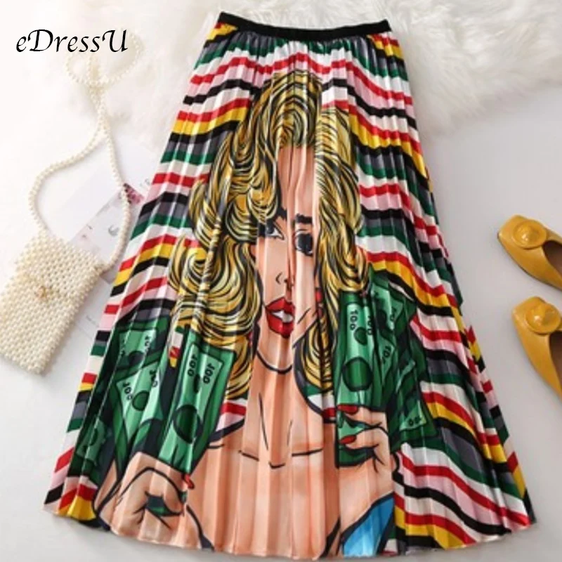 2019 High Waist Midi Skirt Women Print Novelty Fashion Pleated Skirt Elastic Summer Autumn Skirt Casual Daily Wear LS-9831