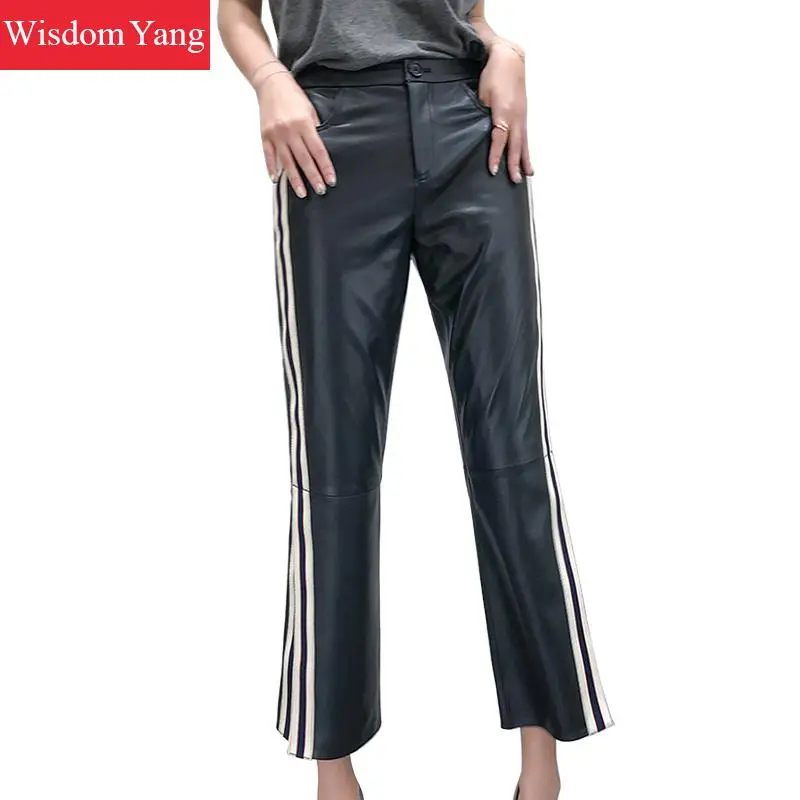 Herfst Wijde Pijpen Echte Schapen Huid Lederen Broek Vrouwen 2018 Vent Zwarte Kant Striepd Broek Dames Flare Broek Broek Herfst Wijde Pijpen Echte Schapen Huid Lederen Broek Vrouwen 2018 Vent Zwarte Kant Striepd Broek Dames Flare Broek Broek