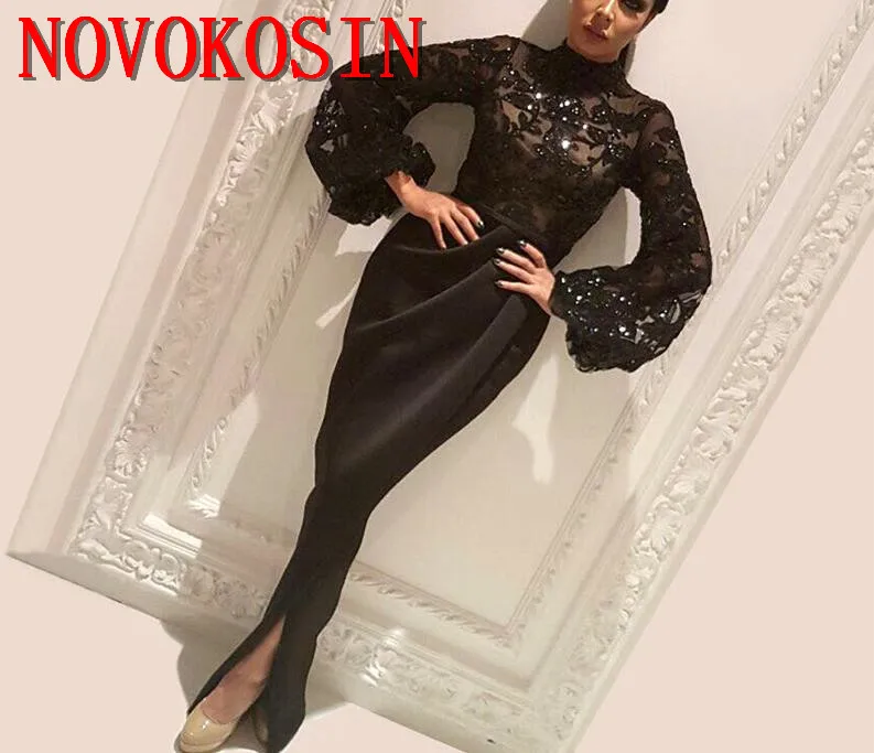 

2019 Arabic Mermaid Embroidered Sequin Open Split Formal Gown Vestido Longo Prom Dresses High Neck Long Sleeves Evening Dresses