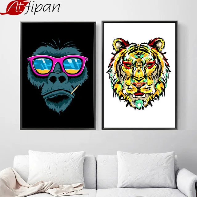 

Atfipan Framed Orangutan Tiger Nordic Canvas Painting Wall Art Minimalist Animal Wall Pictures For Living Room Decoration Art