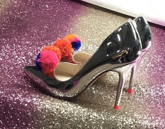 

Silver Patent Leather Women Fashion Pom Pom Pumps 2018 Hot Slip On Ladies Party High Heel Mixed Color Balls Female Sexy Stiletto