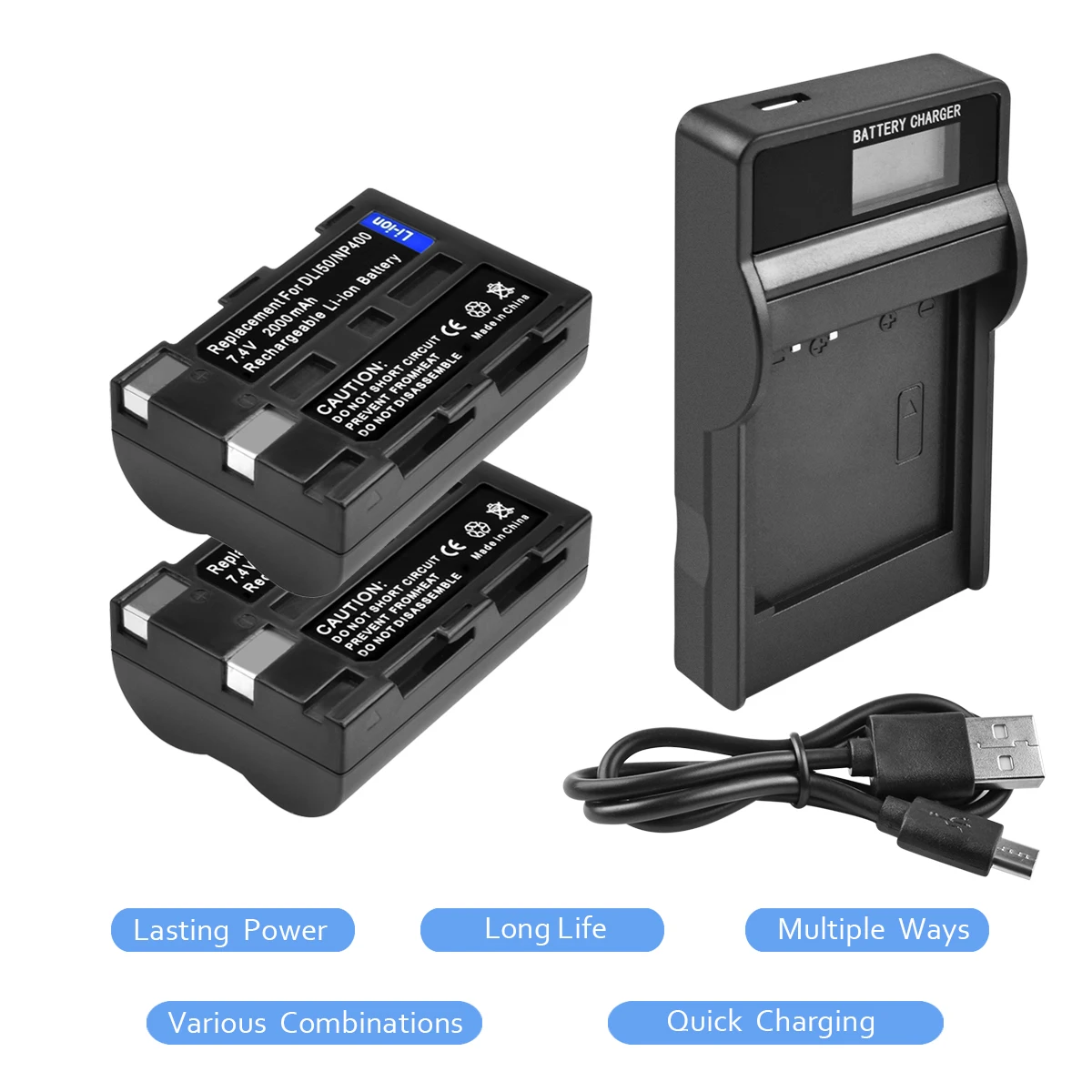 

2Packs 7.4V 2000mAh NP-400 NP400 NP 400 Li-ion Battery+Battery Charger with LED for Konica Minolta Maxxum 5D 7D A1 A2 L15