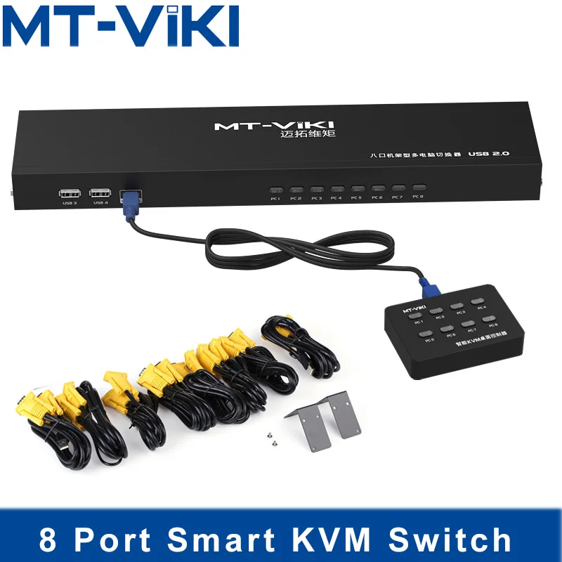 Mt-Viki 8 Port Smart KVM Switch Manual Key Press VGA USB Wired Remote Extension Switcher 1U with Original Cable MT-801UK-L Mt-Viki 8 Port Smart KVM Switch Manual Key Press VGA USB Wired Remote Extension Switcher 1U with Original Cable MT-801UK-L