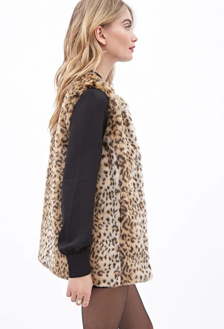 2019 New Middle and Long Style Leopard Print Fur Vest Coat Women Thin Faux Fur Jacket Female V-necked Furs Coats Gilet fur vest