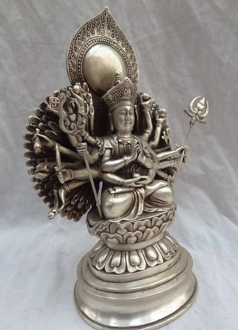 

xd 002736 10" Tibet Silver 1000-Arms Avalokiteshvara Buddha Bronze Ksitigarbha Statue