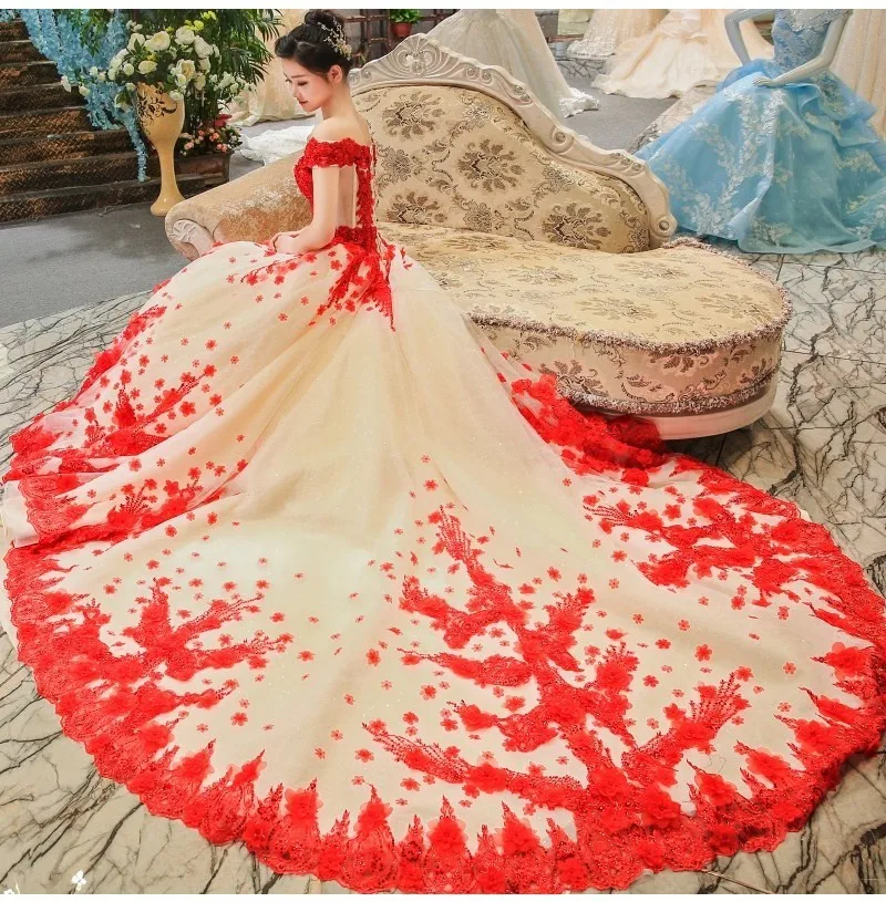 Robe De Mariage/роскошное Красное Кружевное белое свадебное платье принцессы из шампанского г. Африканские черные пушистые Бальные платья с открытыми плечами для девочек