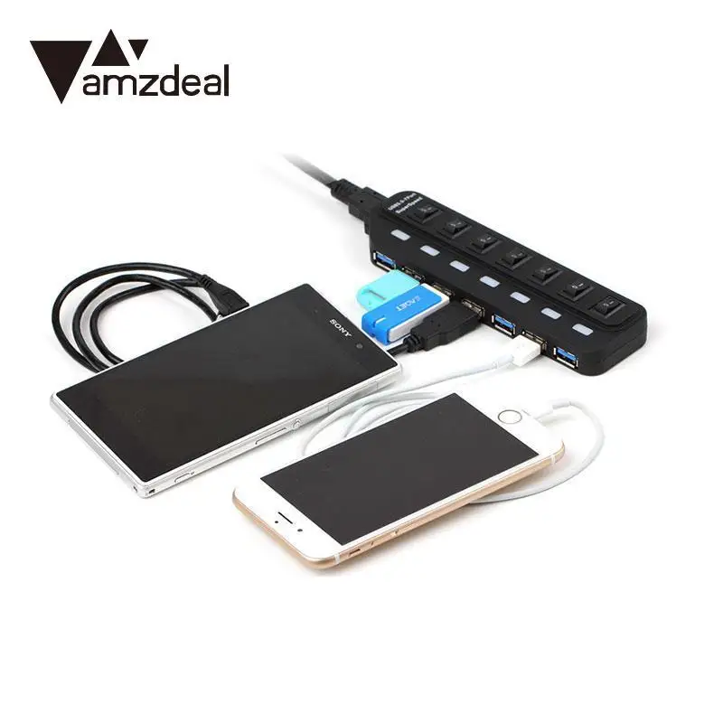 Amzdeal 7 портовый концентратор USB 3,0 сплиттер адаптер 5 Гбит/с концентратор с переключателем ВКЛ/ВЫКЛ для ПК Mac ноутбук Настольный ЕС штекер