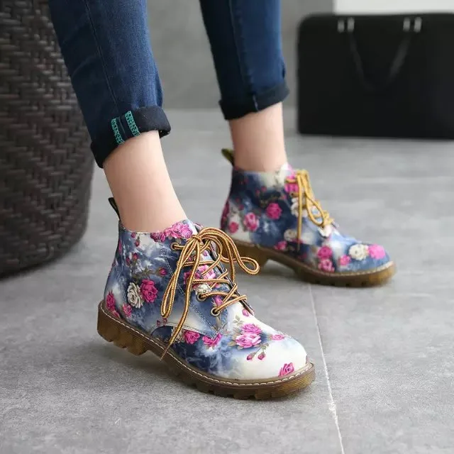 

Women Ankle Boots Lace Up Autumn Winter Flower Printed Dropshipping Women Martin Boots Ladies Flats boots shoes