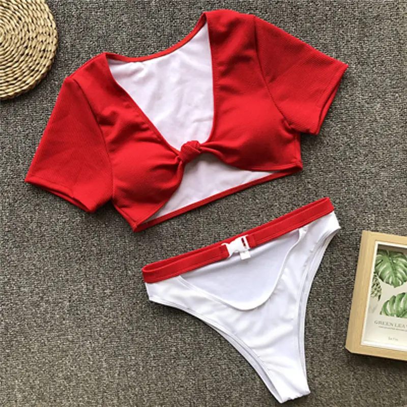 Сексуальное Женское бикини с пуш-ап, купальник с коротким рукавом, укороченный топ+ высокая талия, купальник, купальный костюм, пляжная одежда, купальный костюм - Цвет: Красный