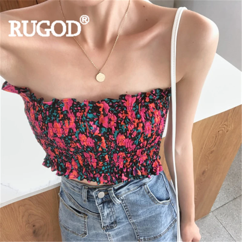 

RUGOD Women floral print tube top elastic vintage slim chic elegant sweet t shirt 2019 new summer fashion female high waist tee