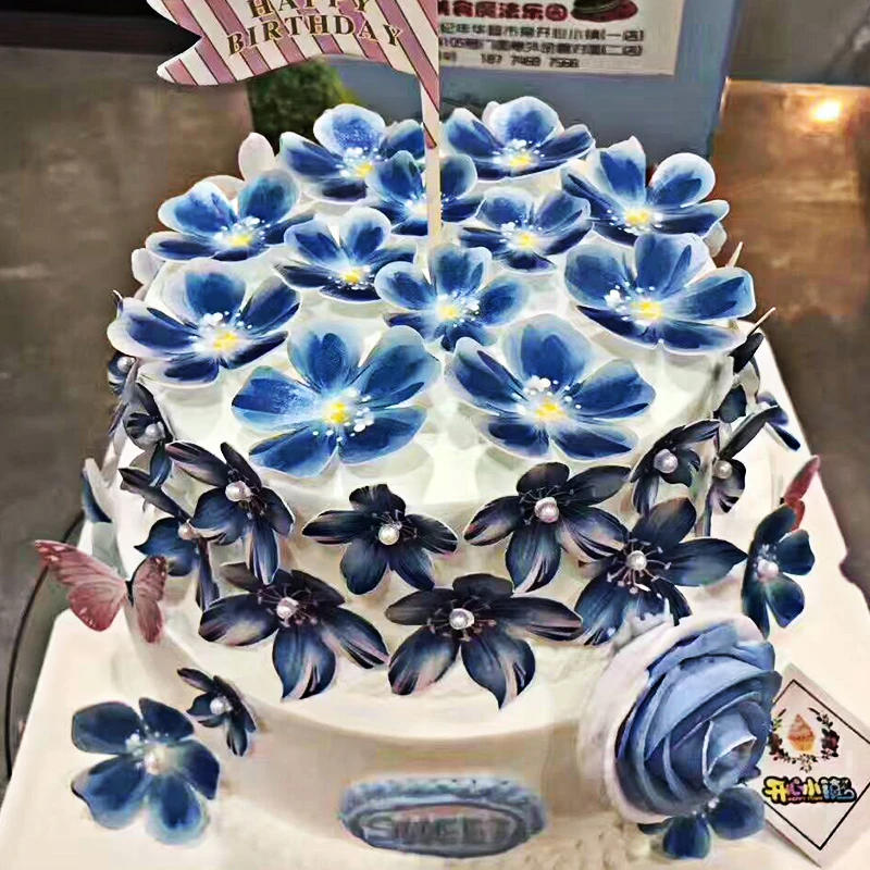 40 PRECUT Blue Blossom Flowers Edible wafer//rice paper cake//cupcake toppers