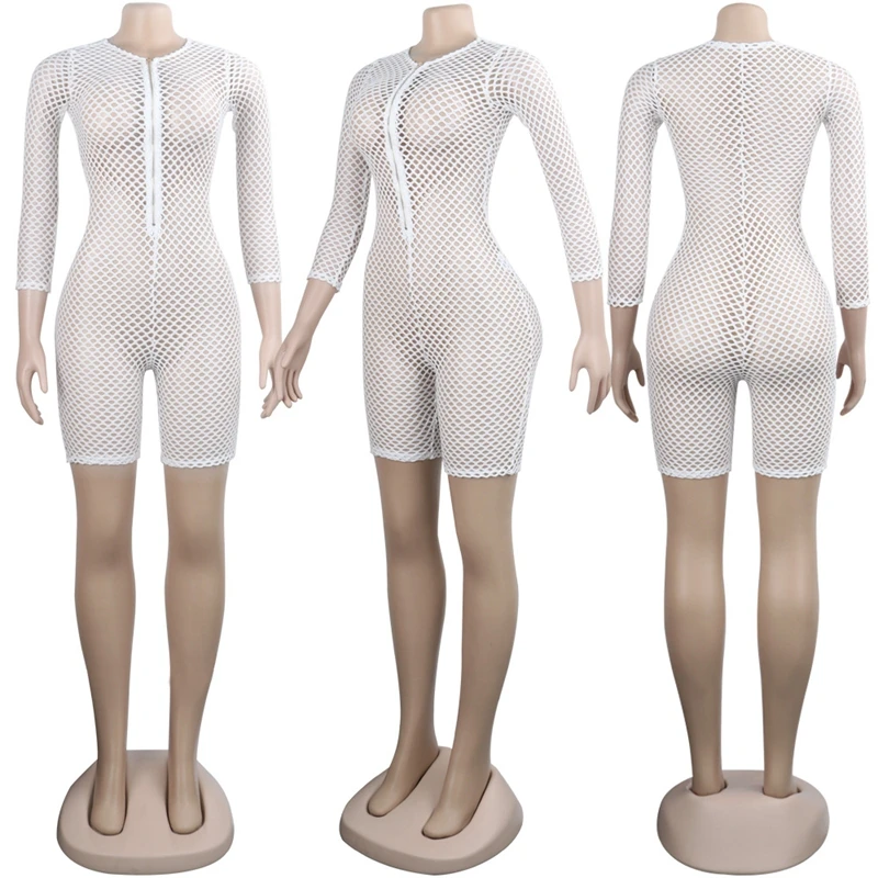 Выдалбливают сексуальный сетчатый комбинезон женский Bodycon Вечерние Комбинезоны на молнии боди Лето Пляж комбинезон, короткий комбинезон