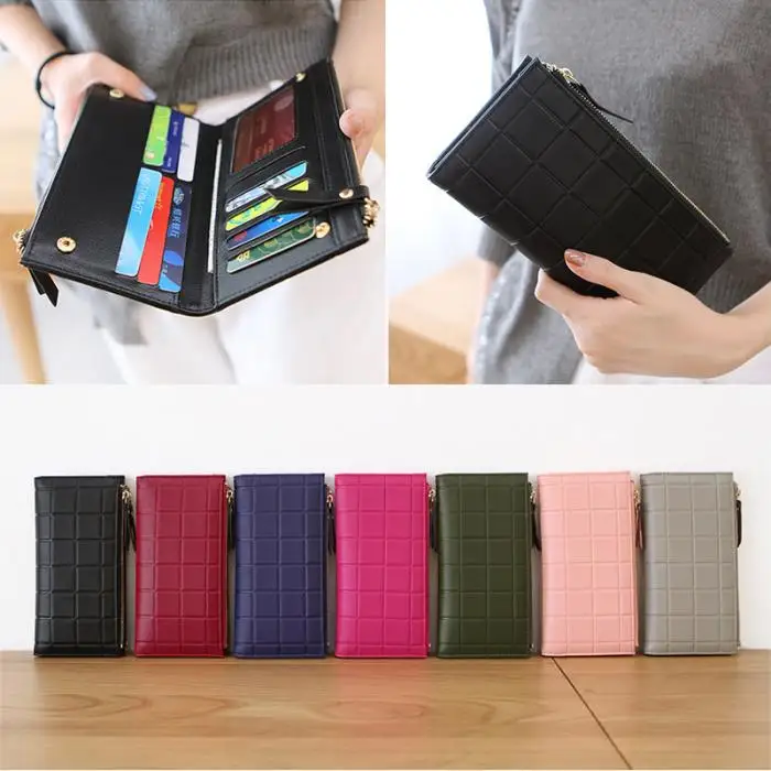 New Style Fashion Women Wallet Grid Embossed PU Leather Wallets Clutch Double Zipper Purse Gift