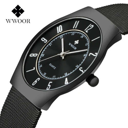 Топ люксовый бренд WWOOR мужские Ультра тонкие водонепроницаемые спортивные часы мужские кварцевые наручные часы мужские черные часы relogio masculino - Цвет: Black