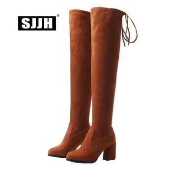 

SJJH Women Flock Long Chelsea Boots with Round Toe Chunky Short Plush Over-the-Knee Boots Fashion Casual Shoes Large Size A903