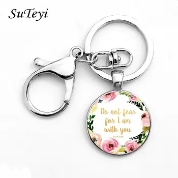 Suteyi Classic Psalm Quote Key Chain Bible Verse Jewelry Fashion Glass Dome Flower Letter Christian Jesus God With Us Keychain Leather Bag