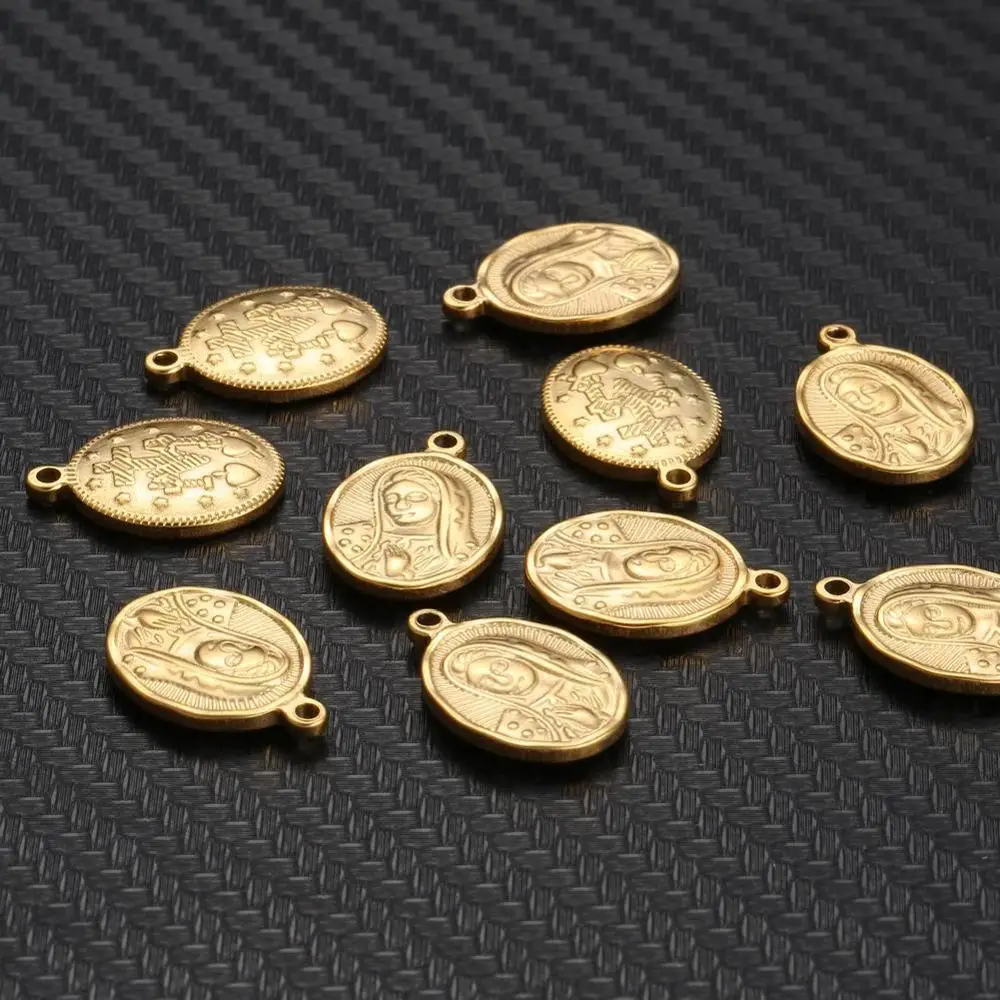 10PCS lot Stainless Steel Christ Charms Oval Coin Virgin Mary Charms 