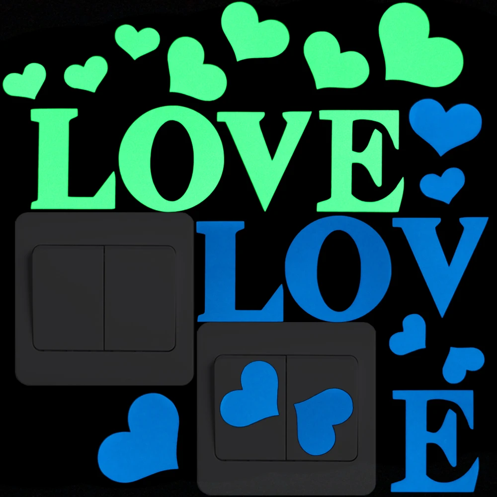 

English Word Love and Hearts Switch Panel Sticker Home Decor Glow in the Dark Characters Wall Sticker Kid Room Bedroom DIY Decal