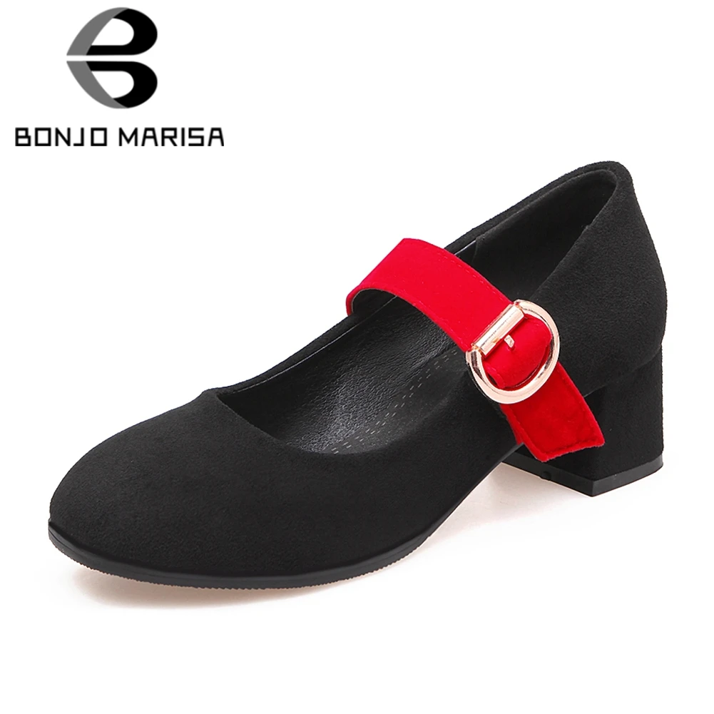 

BONJOMARISA 2019 Spring New Plus Size 31-48 Elegant Women Mary Janes Pumps Shallow Med Wide Heels Office Shoes Woman