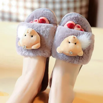 

Home Winter Bear Crystals Women Plush Exposed Toe Slippers Indoor Faux Fur Non-Slip Soft Bedroom Flat Shoes